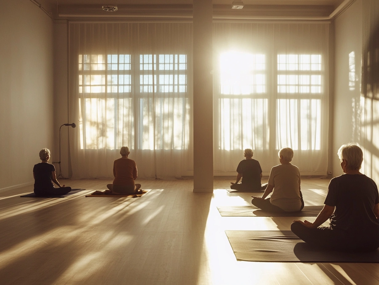 Група людей поважного віку на занятті з йоги