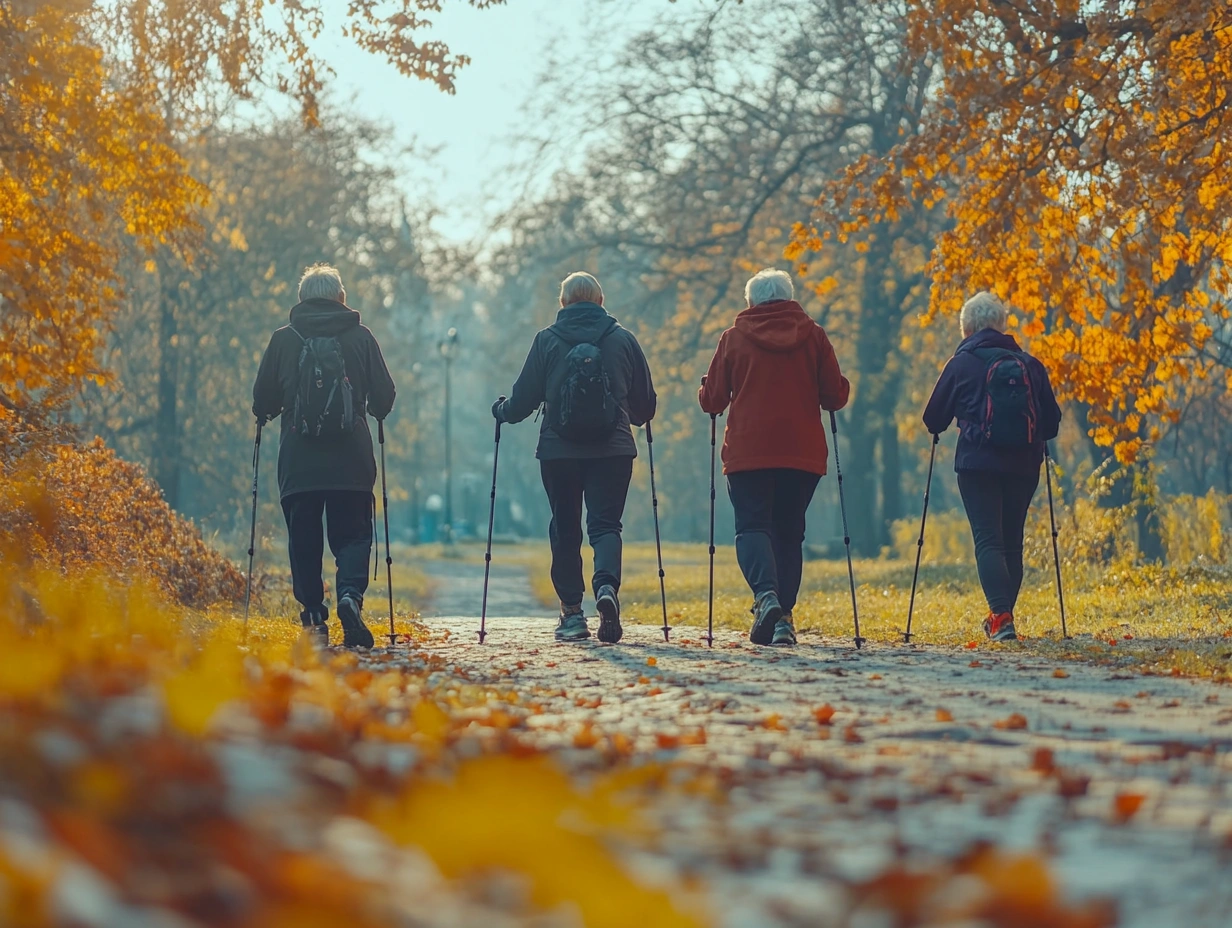 Група літніх людей займається скандинавською ходьбою в парку