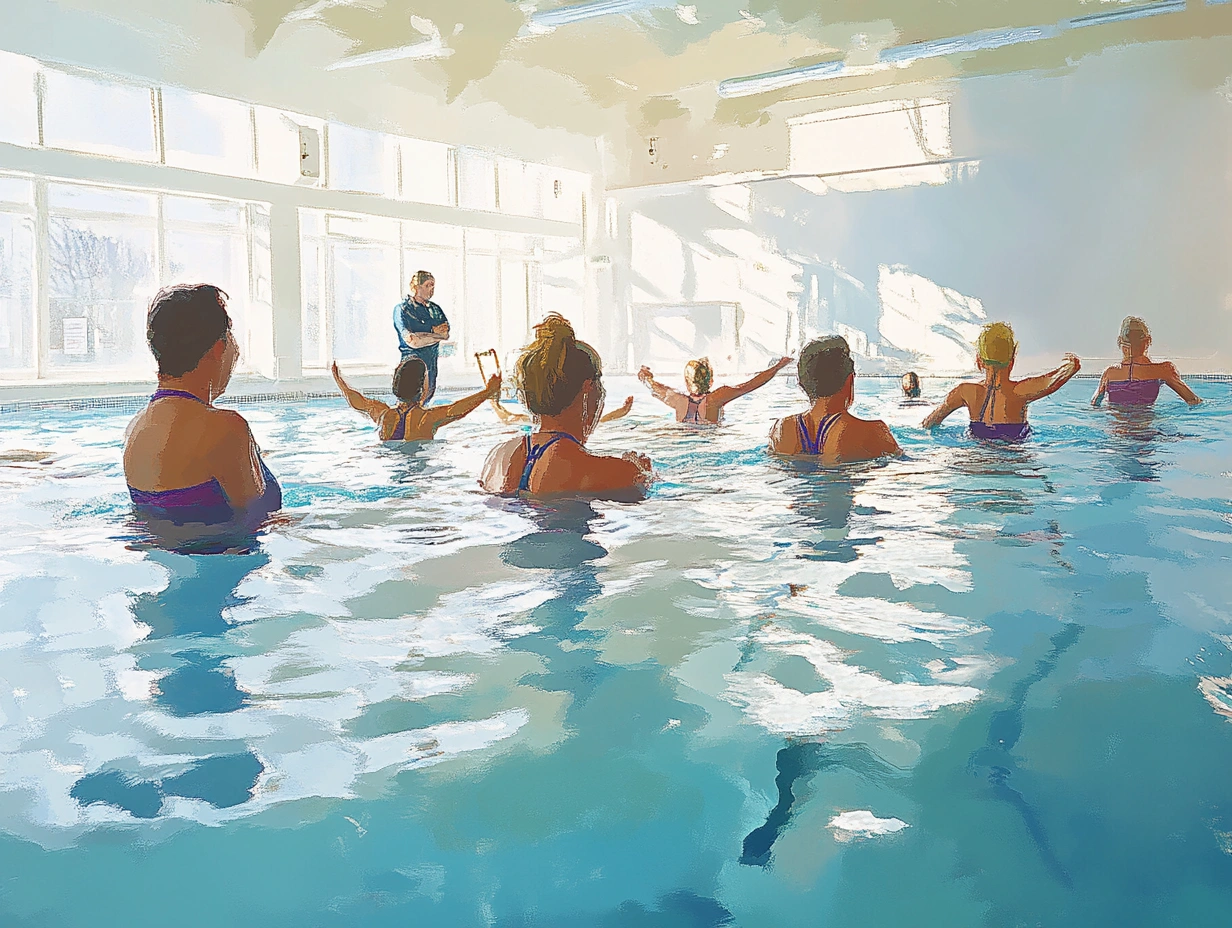 Група людей поважного віку займається аквааеробікою в басейні